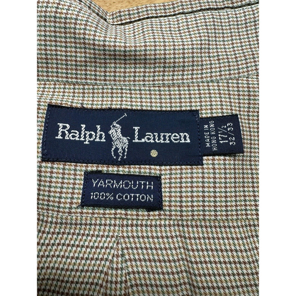 Ralph Lauren Yarmouth 100% Cotton Men's Size 17.5 32/33 Beige Check Green‎ Pony - Picture 3 of 5